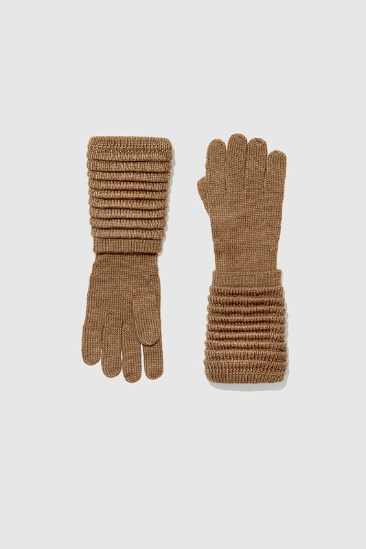 Sentaler Adult Ribbed Gloves crafted in Baby Alpaca and in Dark Camel. Seen as off figure.