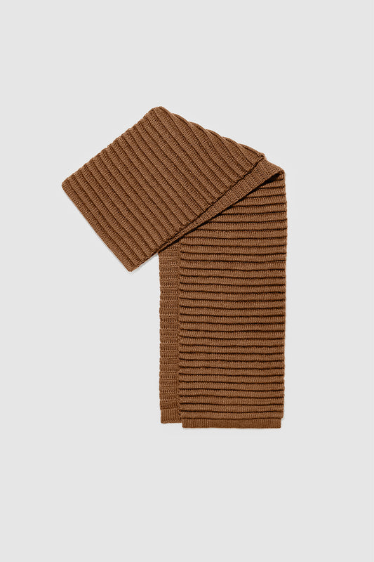 Sentaler Adult Ribbed Scarf featured in Baby Alpaca and available in Caramel. Seen as off figure.