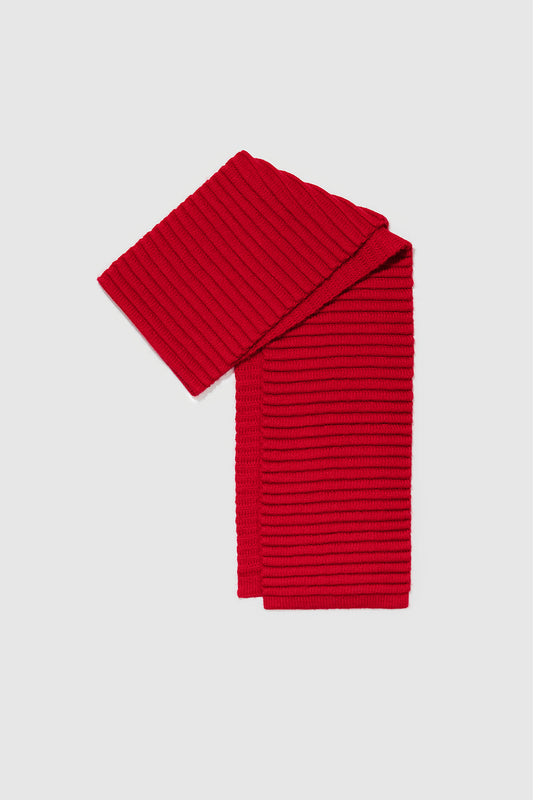 Sentaler Kids (6-14 Years) Ribbed Scarf featured in Baby Alpaca and available in Red. Seen as off figure folded.