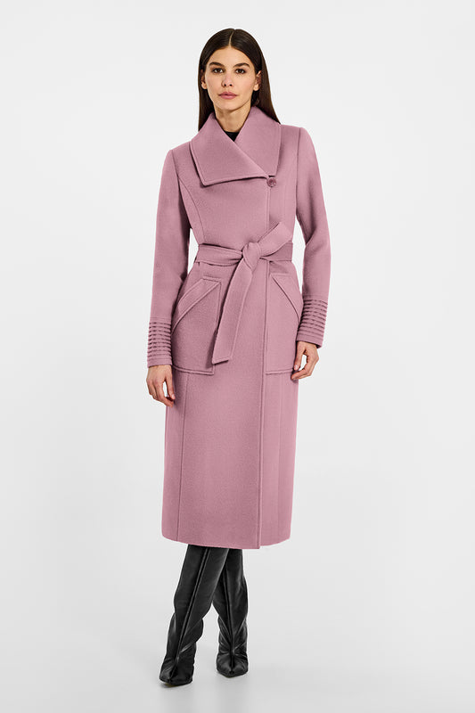 Sentaler Long Wide Collar Wrap Peony Pink Coat in Baby Alpaca wool. Seen from front belted on female model.