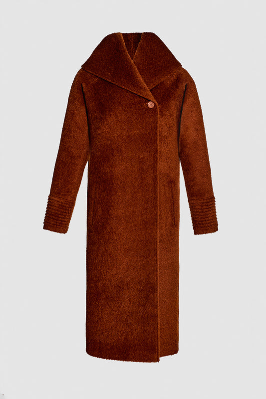 Sentaler Bouclé Alpaca Long Hooded Rust Coat in Bouclé Alpaca wool. Seen as off figure.