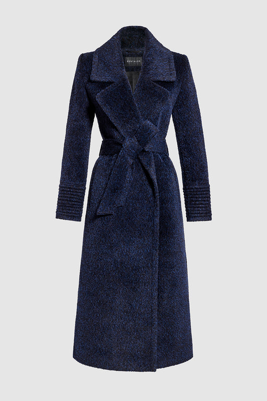 Sentaler Bouclé Alpaca Long Notched Collar Wrap Coat featured in Bouclé Alpaca and available in Midnight Blue. Seen as belted off figure.