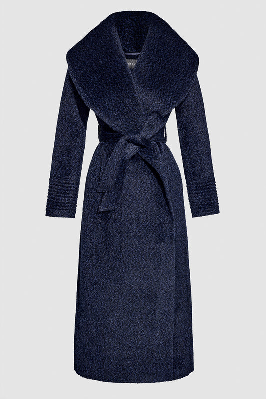 Sentaler Alpaca Maxi Shawl Collar Wrap Midnight Blue Coat in Bouclé Alpaca wool. Seen as belted off figure.