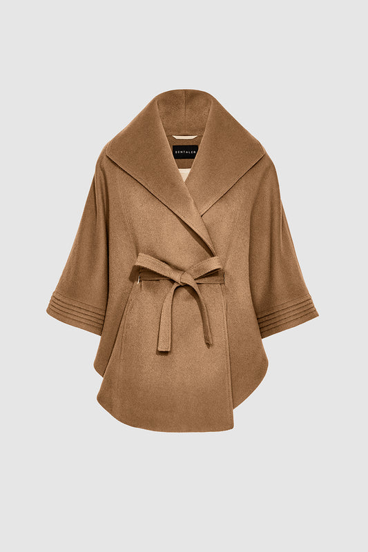 Sentaler Cape with Shawl Collar and Belt crafted in Baby Alpaca wool and in Dark Camel. Seen as belted off figure.