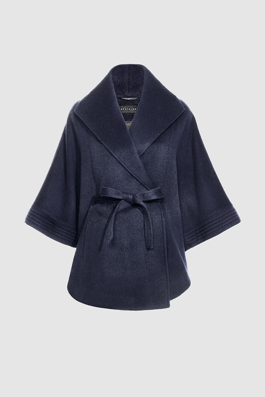 Sentaler Cape with Shawl Collar and Belt crafted in Baby Alpaca wool and in Deep Navy Blue. Seen as off figure belted.
