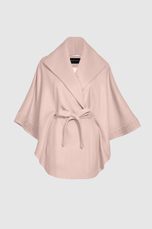 Sentaler Pink Tint Cape with Shawl Collar and Belt in Baby Alpaca wool. Seen as off figure.