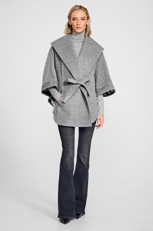 Sentaler Shale Grey Cape with Shawl Collar and Belt in Baby Alpaca wool. Seen from front on female model.