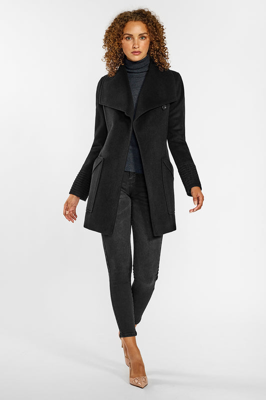 Sentaler Cropped Wide Collar Wrap Coat featured in Baby Alpaca and available in Black. Seen from front open on female model.
