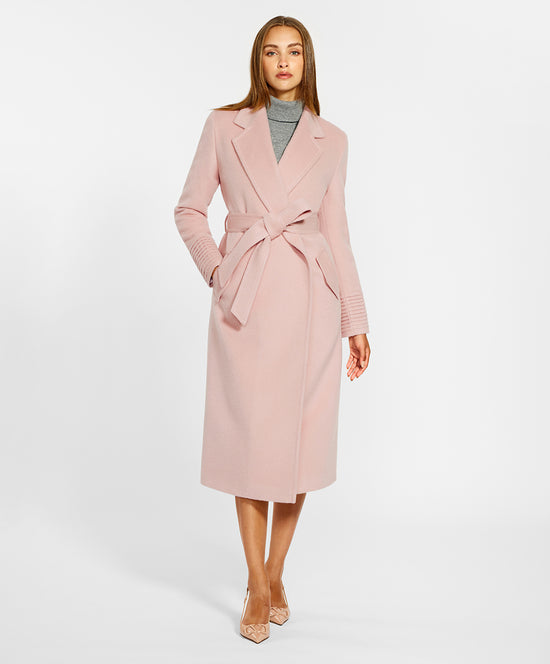 Sentaler Long Notched Collar Wrap Coat crafted in Baby Alpaca and in Pink Tint. Seen from front on female model.