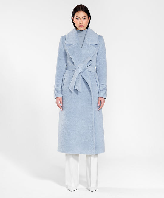 Sentaler Bouclé Alpaca Long Notched Collar Wrap Coat featured in Bouclé Alpaca and available in Powder Blue. Seen from front on female model.
