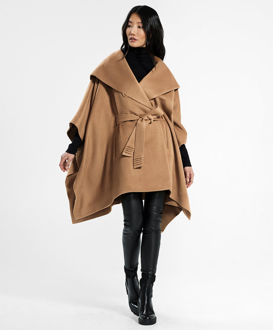 Sentaler Oversized Hooded Poncho with Belt featured in Baby Alpaca and available in Dark Camel. Seen from front on female model.