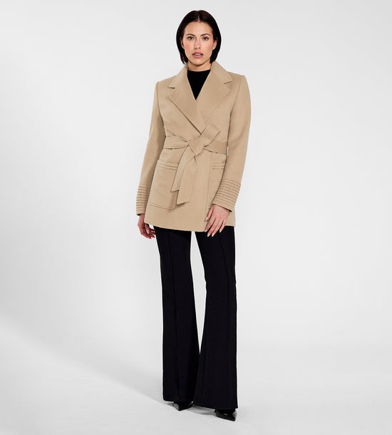 Sentaler Cropped Notched Collar Wrap Coat with Square Pockets featured in Baby Alpaca and available in Camel. Seen from front on female model.