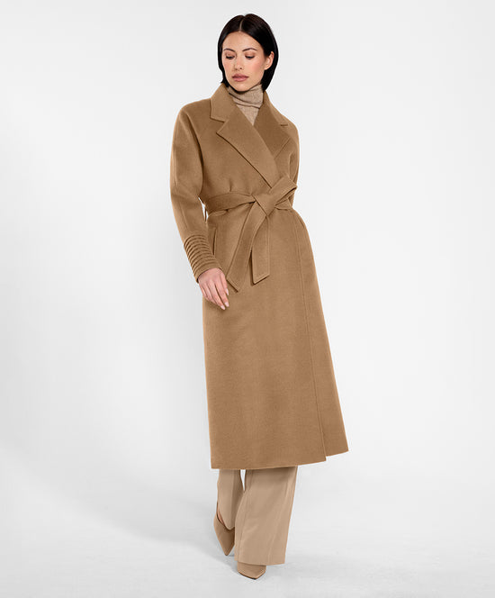 Sentaler Long Notched Collar Raglan Sleeve Wrap Coat featured in Baby Alpaca and available in Dark Camel. Seen from front on female model.