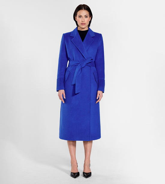 Sentaler Long Notched Collar Wrap Coat featured in Baby Alpaca and available in Cobalt Blue. Seen from front on female model.