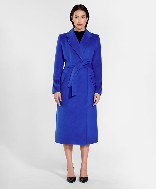 Sentaler Long Notched Collar Wrap Coat crafted in Baby Alpaca and in Cobalt Blue. Seen from front on female model.