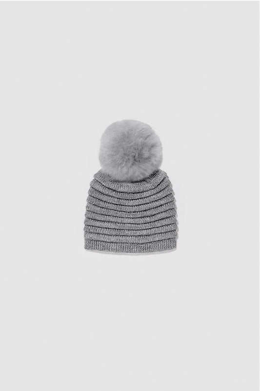 Sentaler Kids (1-5 Years) Ribbed Hat with Oversized Fur Pompon featured in Baby Alpaca and available in Grey. Seen as off figure.