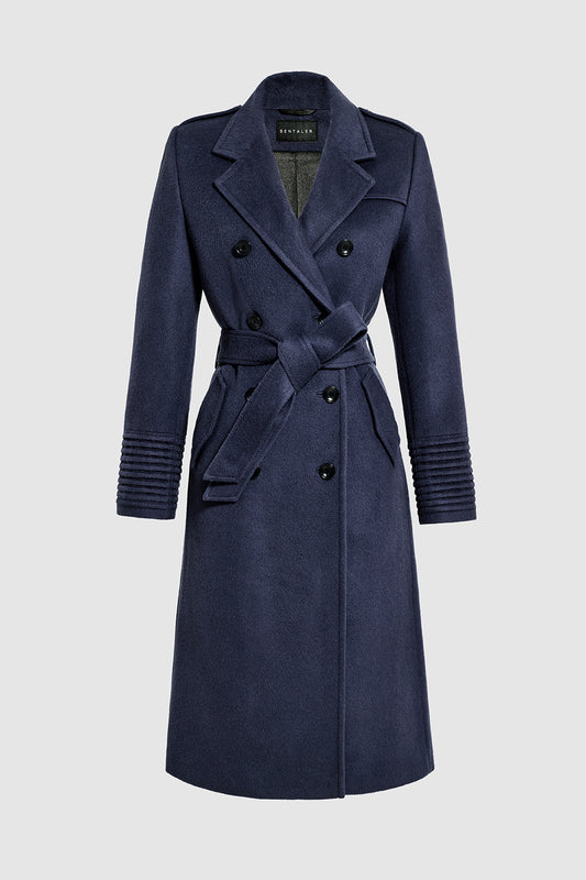 Sentaler Long Double Breasted Trench Coat featured in Baby Alpaca and available in Deep Navy. Seen as belted off figure.