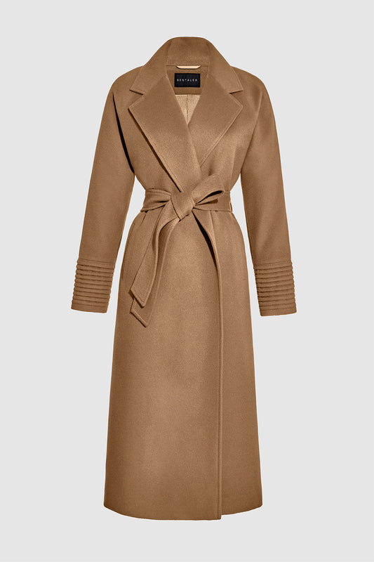 Sentaler Long Notched Collar Raglan Sleeve Wrap Coat featured in Baby Alpaca and available in Dark Camel. Seen as belted off figure.