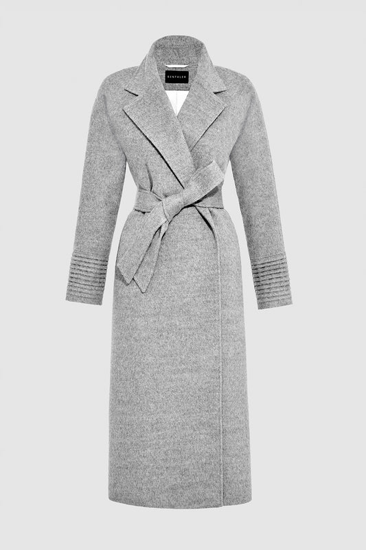 Sentaler Long Notched Collar Raglan Sleeve Wrap Shale Grey Coat in Baby Alpaca wool. Seen as off figure.