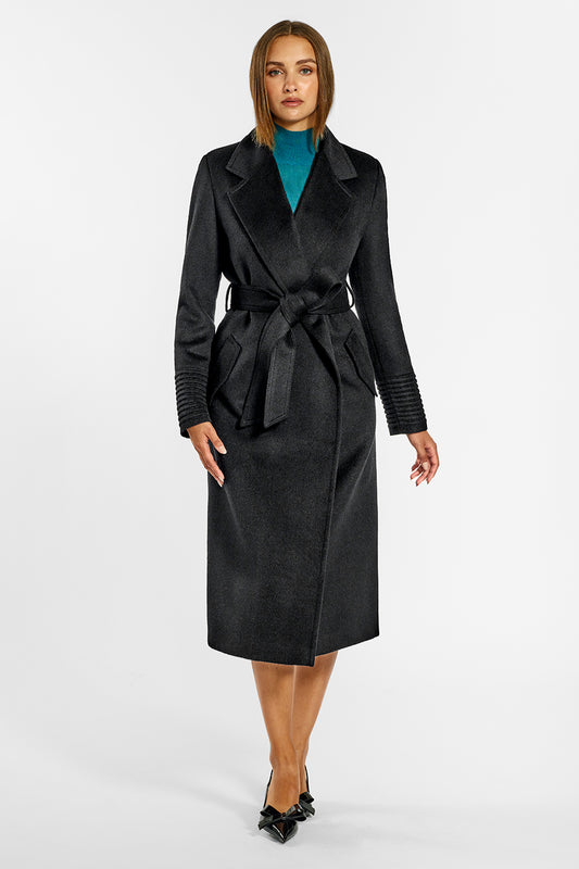 Sentaler Mid Length Notched Collar Wrap Coat featured in Baby Alpaca and available in Black. Seen from front on female model who is wearing the coat belted.