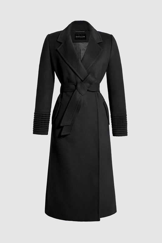 Sentaler Long Notched Collar Wrap Coat featured in Baby Alpaca and available in Black. Seen as belted off figure.