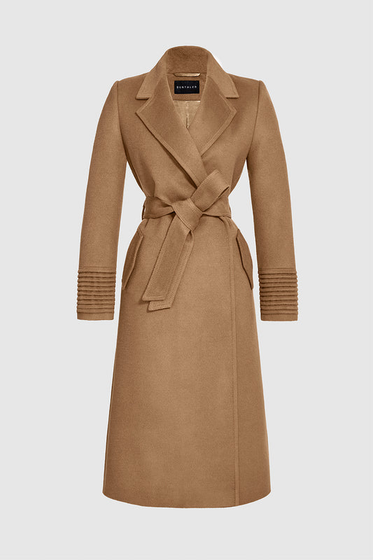 Sentaler Long Notched Collar Wrap Coat featured in Baby Alpaca and available in Dark Camel. Seen as belted off figure.
