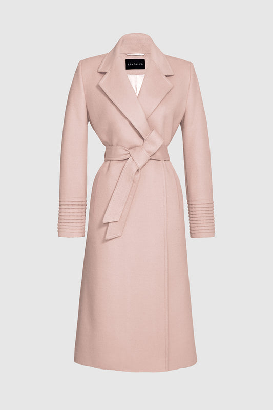 Sentaler Long Notched Collar Wrap Coat featured in Baby Alpaca and available in Pink Tint. Seen as off figure belted.