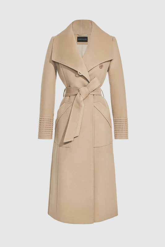 Sentaler Long Wide Collar Wrap Coat featured in Baby Alpaca and available in Camel. Seen as off figure belted.