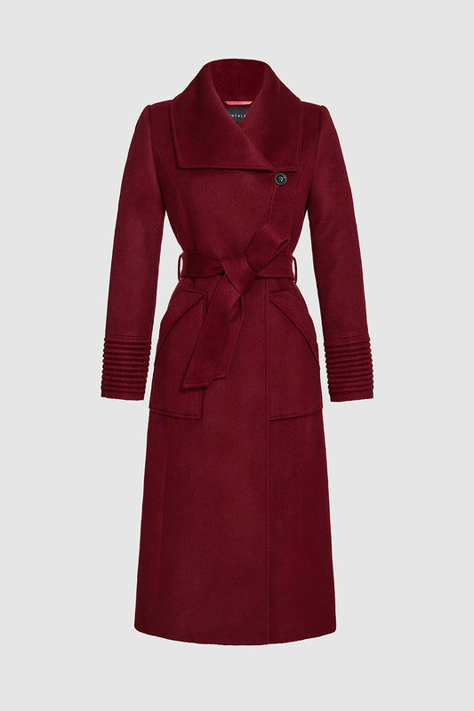 Sentaler Long Wide Collar Wrap Coat featured in Baby Alpaca and available in Garnet Red. Seen as belted off figure.