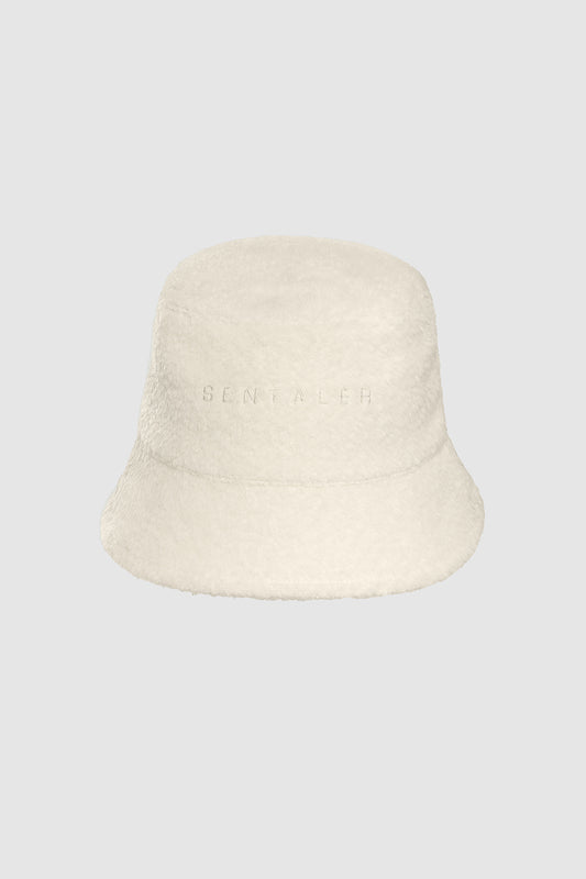 Sentaler Mens Bouclé Alpaca Bucket Hat featured in Bouclé Alpaca and available in Ivory White. Seen as off figure.
