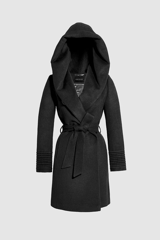 Sentaler Mid Length Hooded Wrap Coat featured in Baby Alpaca and available in Black. Seen as off figure belted.