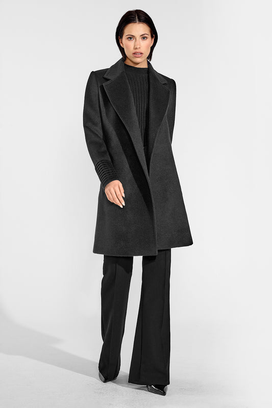 Sentaler Mid Length Notched Collar Wrap Coat featured in Baby Alpaca and available in Black. Seen from front on female model who is wearing the coat open.
