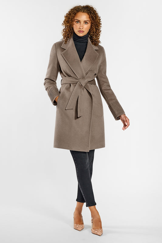 Sentaler Mid Length Notched Collar Wrap Coat crafted in Baby Alpaca wool and in Warm Taupe. Seen from front on female model.