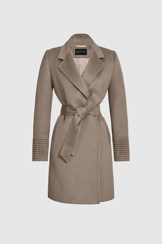 Sentaler Mid Length Notched Collar Wrap Coat featured in Baby Alpaca and available in Warm Taupe. Seen as belted off figure.