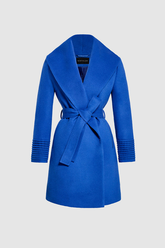 Sentaler Mid Length Shawl Collar Wrap Coat featured in Baby Alpaca and available in Cobalt Blue. Seen as belted off figure.