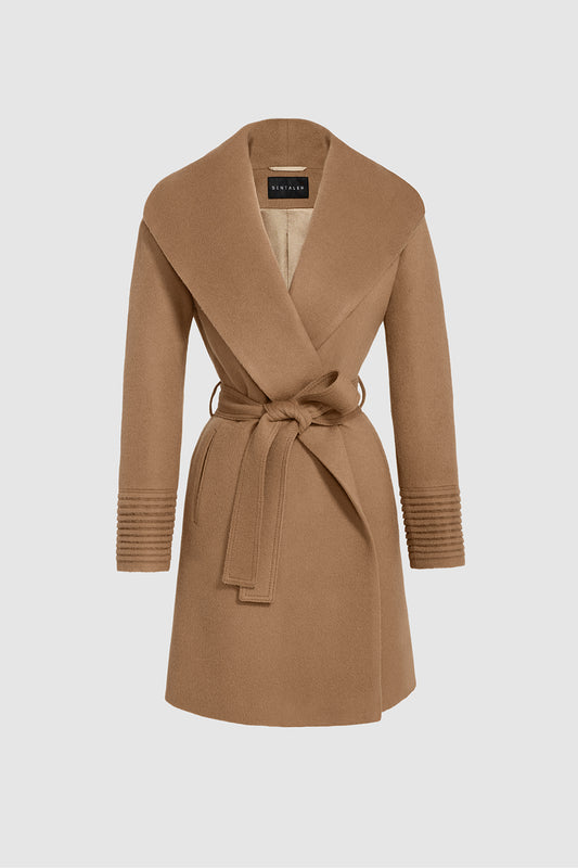 Sentaler Mid Length Shawl Collar Wrap Coat featured in Baby Alpaca and available in Dark Camel. Seen as off figure belted.