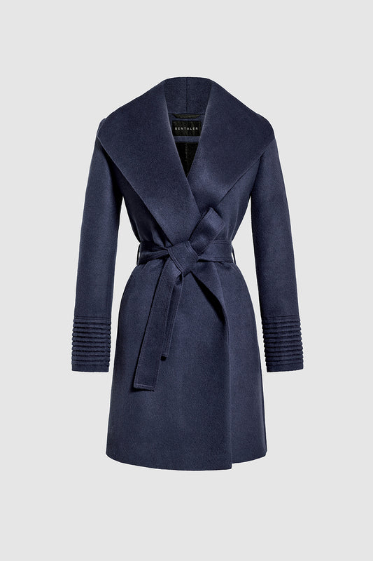 Sentaler Mid Length Shawl Collar Wrap Coat featured in Baby Alpaca and available in Deep Navy. Seen as belted off figure.