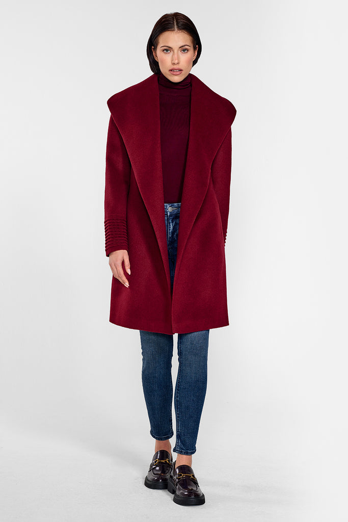 Mid Length Shawl Collar Wrap Garnet Red Coat | SENTALER