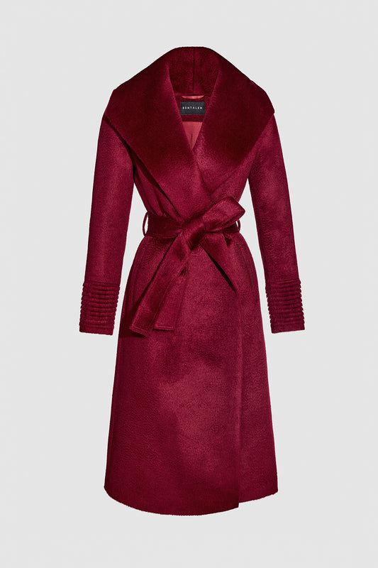 Sentaler Suri Alpaca Long Shawl Collar Wrap Bordeaux Coat in Suri Alpaca wool. Seen as belted off figure. 