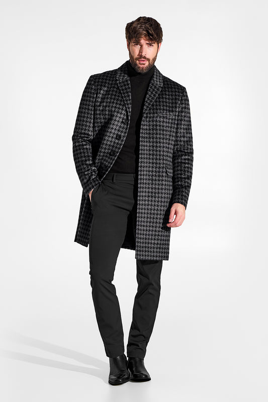 Sentaler Suri Alpaca Notched Lapel Black & Graphite Houndstooth Overcoat in Technical Suri Alpaca wool. Seen from front open on male model.