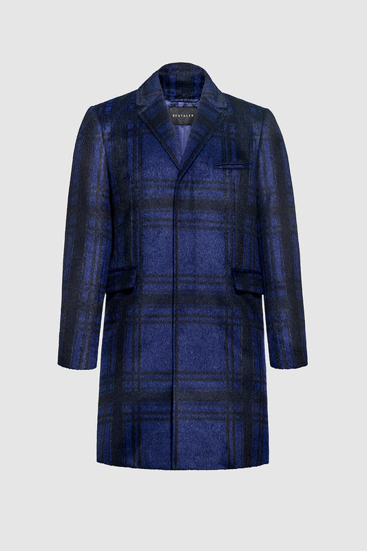Sentaler Technical Suri Alpaca Notched Lapel Overcoat featured in Technical Suri Alpaca and available in Navy Plaid Blue. Seen as off figure.