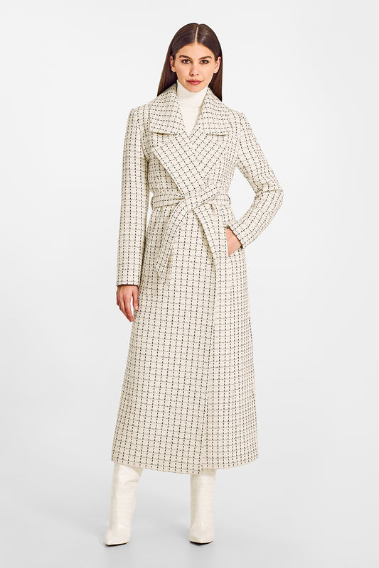 Sentaler Tweed Maxi Notched Collar Wrap Ivory Check Coat in Tweed Baby Alpaca wool. Seen from front belted on female model.