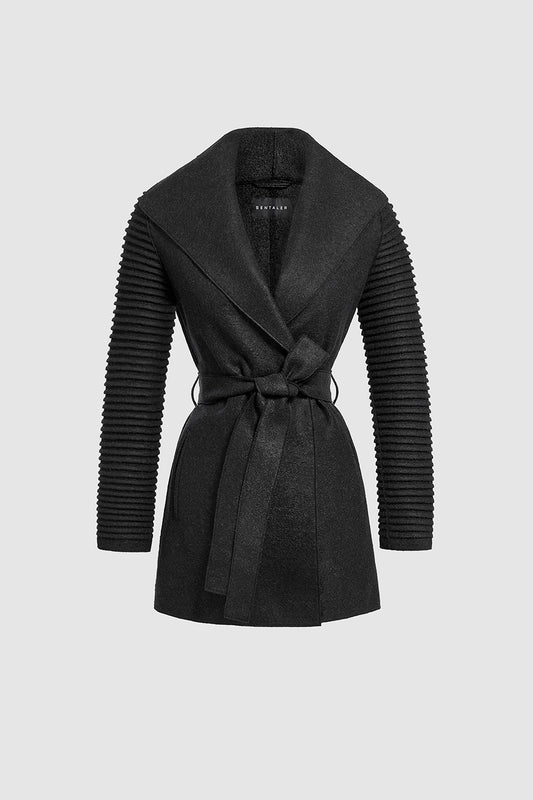 Sentaler Wrap Coat with Ribbed Sleeves featured in Superfine Alpaca and available in Black. Seen as off figure belted.