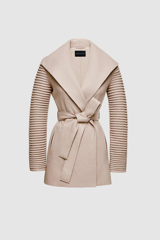 Sentaler Wrap Coat with Ribbed Sleeves featured in Superfine Alpaca and available in Chamois Neutral. Seen as off figure belted.