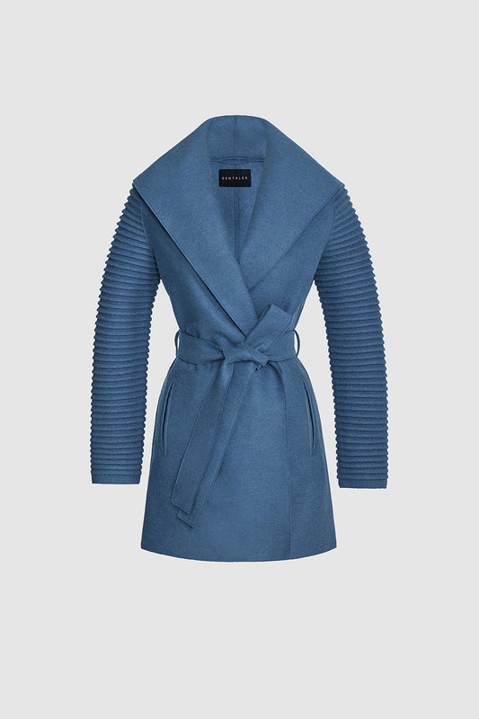 Sentaler Wrap Coat with Ribbed Sleeves featured in Superfine Alpaca and available in Dusty Blue. Seen as off figure belted.