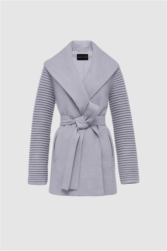 Sentaler Wrap Coat with Ribbed Sleeves featured in Superfine Alpaca and available in Gull Grey. Seen as belted off figure.