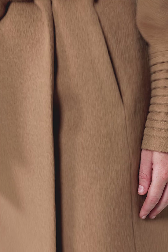 Sentaler Mid Length Hooded Wrap Coat featured in Baby Alpaca and available in Dark Camel. Seen as product video.