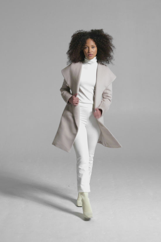 Sentaler Mid Length Hooded Wrap Coat featured in Baby Alpaca and available in Bleeker Beige. Seen as product video.