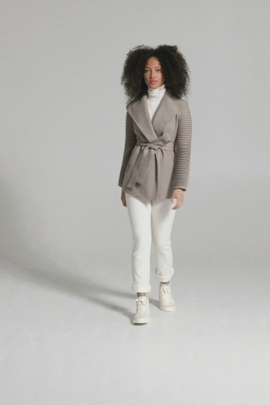 Sentaler Wrap Coat with Ribbed Sleeves featured in Superfine Alpaca and available in Simply Taupe. Seen as product video.