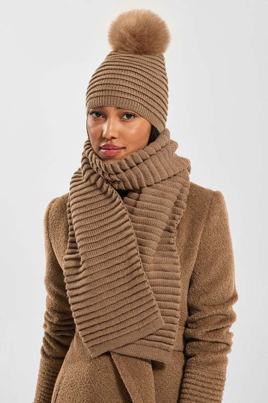 Sentaler Adult Ribbed Scarf featured in Baby Alpaca and available in Dark Camel. Seen from front.